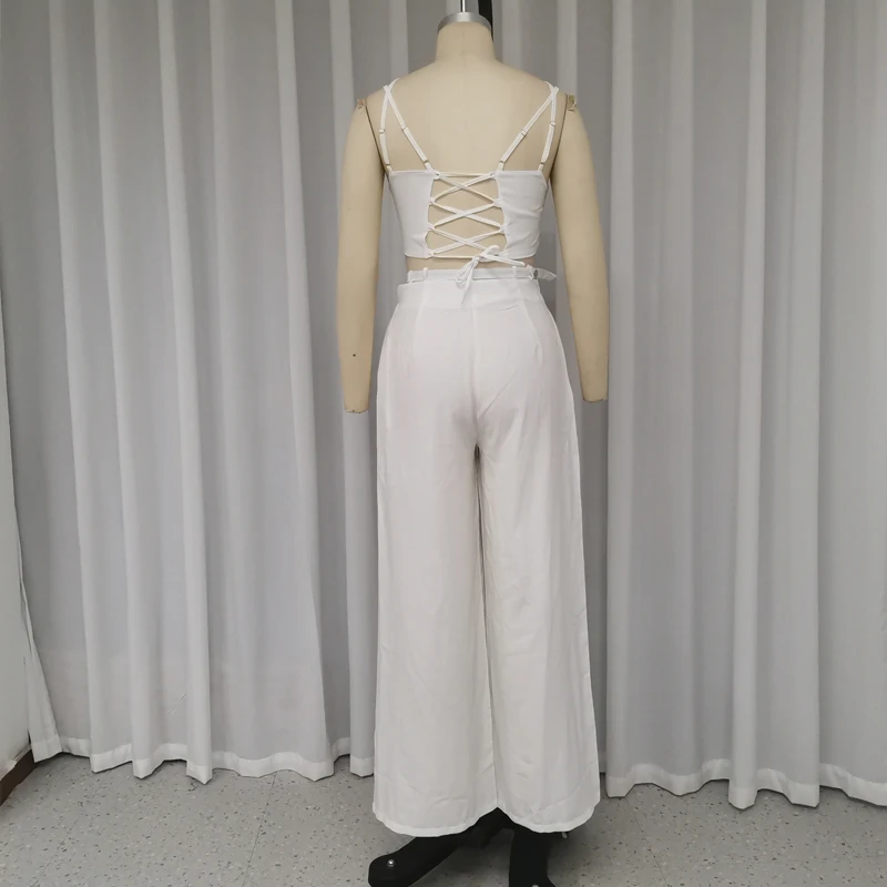 Waytobele Women Two Piece Set Summer Fashion Solid Tank Sleeveless Hollow Backless Lace Up Top Loose Wide Legs Pants Sets