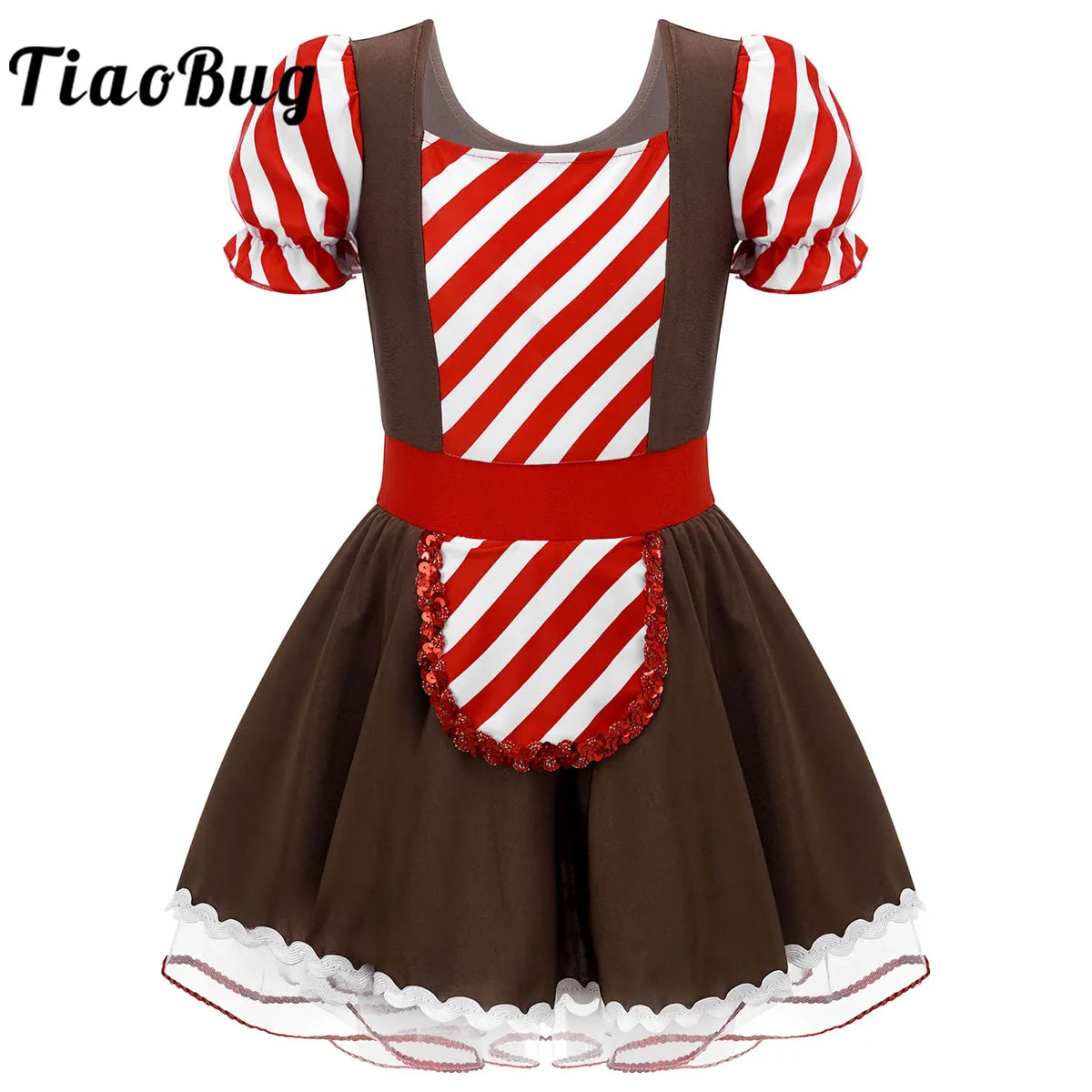 

Kids Girl Gingerbread Costume Striped Bowknot Lace Trim Halloween Christmas Cosplay Dress Up Ballet Leotard Tutu Dress Dancewear