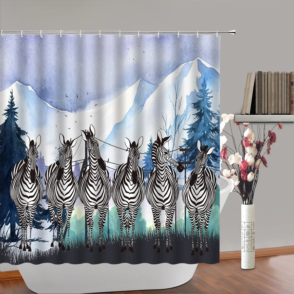 Acquerello Zebra tenda da doccia decorazione del bagno foglie tropicali pianta di fiori della giungla animali selvatici vasche da bagno tende impermeabili