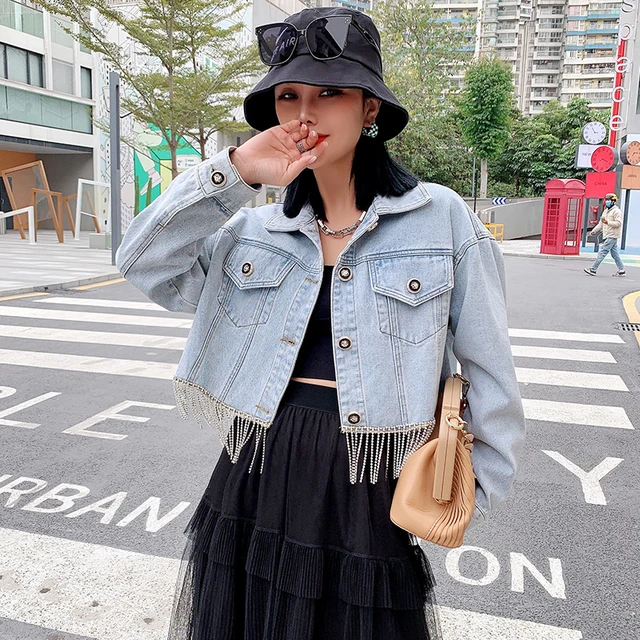 Jeans Coat Female Spring 2022 Trend Streetwear Diamond Chain