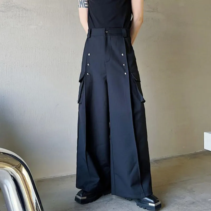 Men's Casual Wide Leg Trousers Korean Style New High Waist Metal Piece Pocket Decoration Fashionable Pants Plus Size S-XL