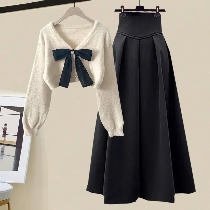 Autumn Winter Large Size Set Women New Bow Knitted Cropped Cardigan Sweater and Half Skirt Korean Fashion Two Piece Set