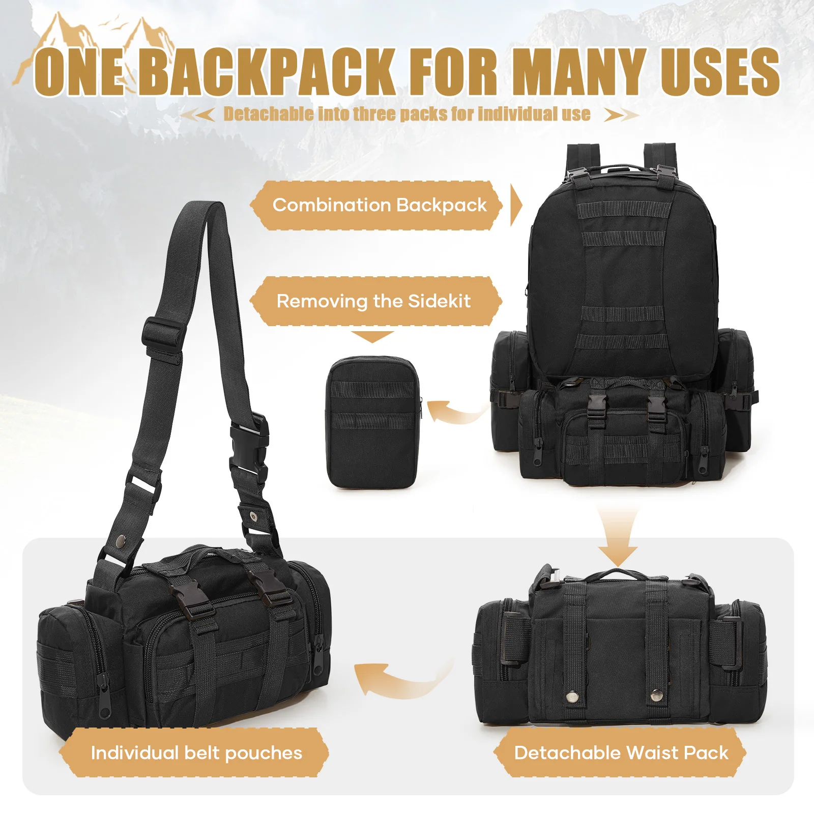 50L Tactical Backpacks Man Mountaineering backpack Survival Outdoor 3P Assault Pack EDC Molle Pack Hiking Removable Hunting Bag