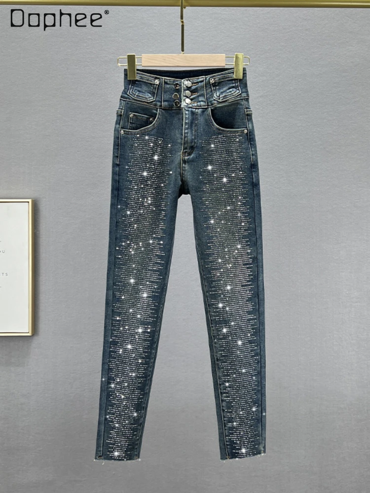 Women's Winter Fleece Rhinestone Denim Jeans 2023 New Streetwear Woman High Waist Slimming Skinny Dark Blue Denim Pencil Pants