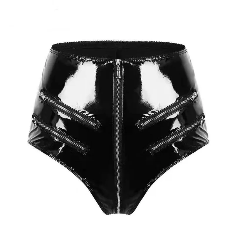 Sexy Women Exotic Pants Faux Leather PVC High Waist Zipper Open Crotch Panties Clubwear Plus Size Latex Fetish Bondage Pants 4XL