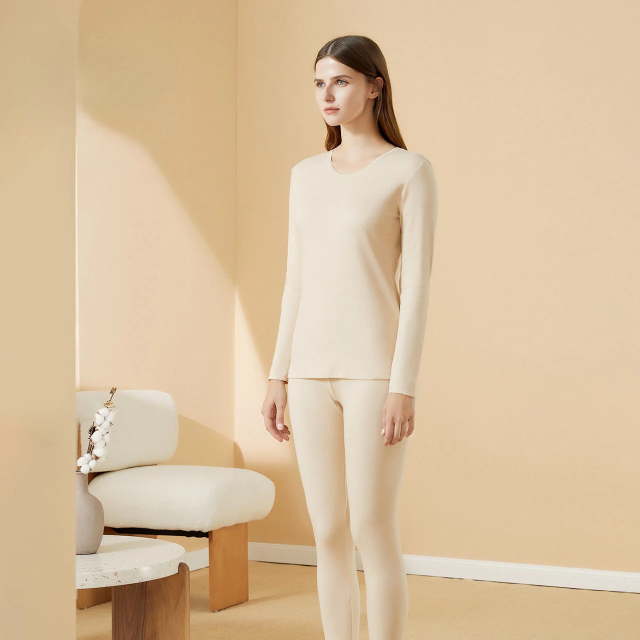 Colorful Cotton Beige Thermal Suit Top + Pants Autumn and Winter