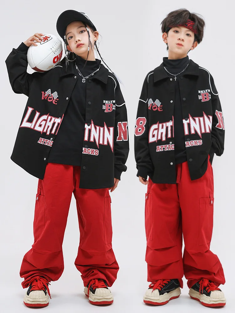 

Kid Cool Hip Hop Clothing Black Print Shirt Red Casual Wide Pocket Ruched Cargo Pants for Girls Boys Jazz Dance Costumes Clothes