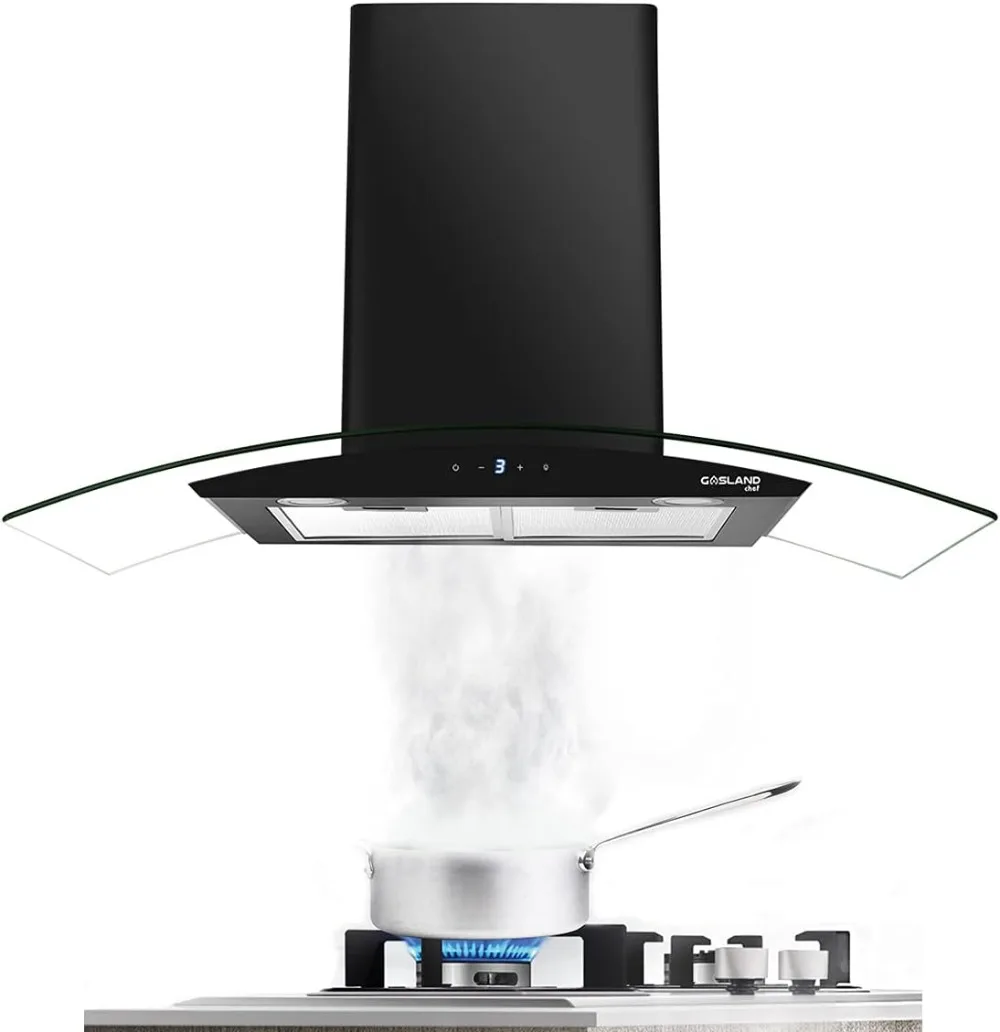 

36" Range Hood, Chef GR36BS Glass Wall Mount Range Hood Black, 3 Speed 350 CFM Ducted Kitchen Hood with LED Lights