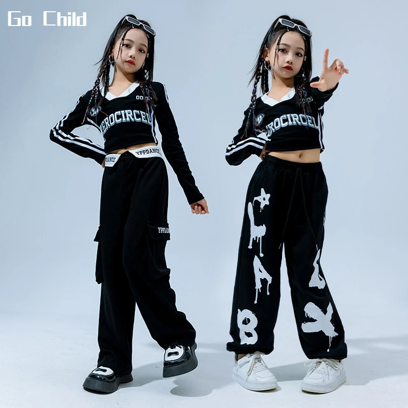 Hip Hop Girls Crop Polo Shirt Cargo Pants Kids Sweatshirt Street Dance Letter Joggers Child Streetwear Clothes Sets Jazz Costume