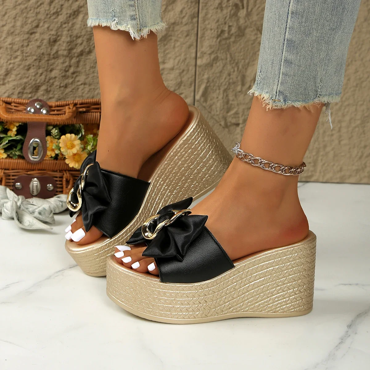 High Heels Women Slippers Bow Slippers New Wedges Platform Sandals Summer Women Comfortable Casual Dress Shoes Slides