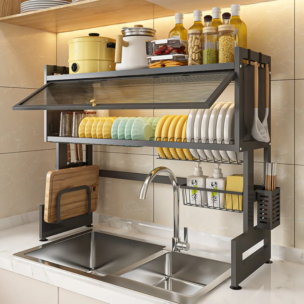 Kitchen Stainless Steel Drain Shelf Over The Sink Dish Drying Rack Utensil Cup Holder Large Over The Sink Dish Rack with Cover 2