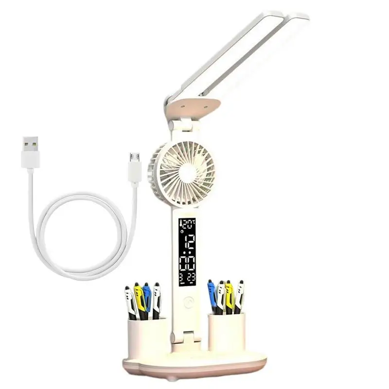 Led Desk Lamp With Fan Multifunctional Lighting Pen Holder Table Lamp 3 Brightness Levels Study Room Book Reading Light For