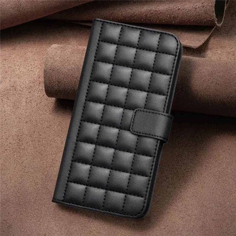 Elegant 3D Checkered Pattern Leather Wallet Case with Magnetic Flip Cover