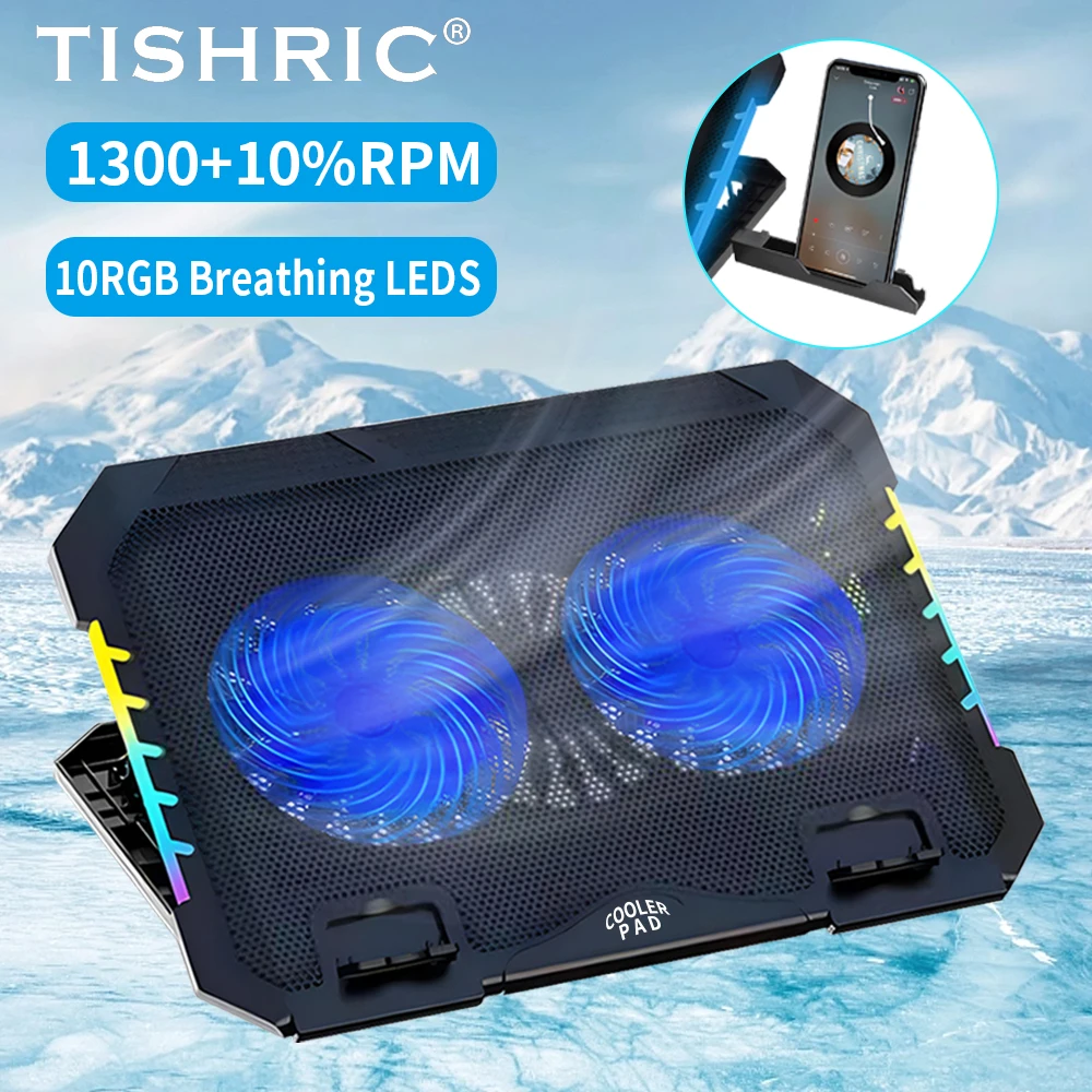 TISHRIC 노트북 스탠드 냉각, 2 팬 베이스 쿨러 노트북 지지대, 10RGB 호흡 LED, 풍속 조절 가능 노트북 브래킷 거치대