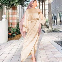 

Eid Mubarak Muslim Fashion Hijab Dress Flare Sleeve Arabic Satin Dresses for Women Dubai Abaya Turkey Islamic Clothing Kaftan