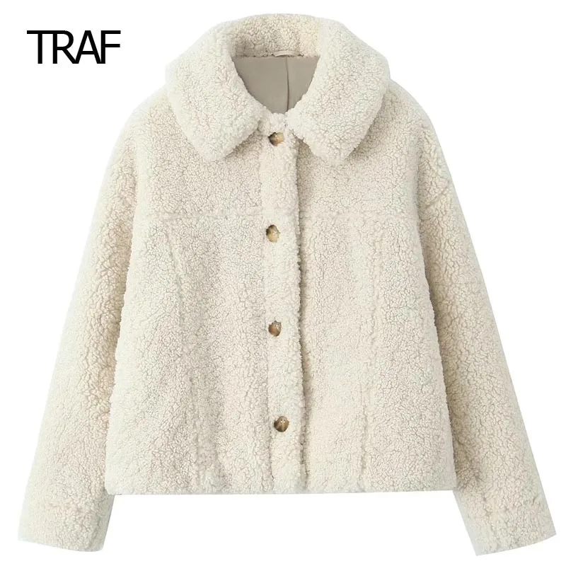 

TRAF Plush Cropped Jacket Women's Bomber Jacket Autumn Winter Fluffy Long Sleeve Top New In Coats Luxury Designer Jacket Women