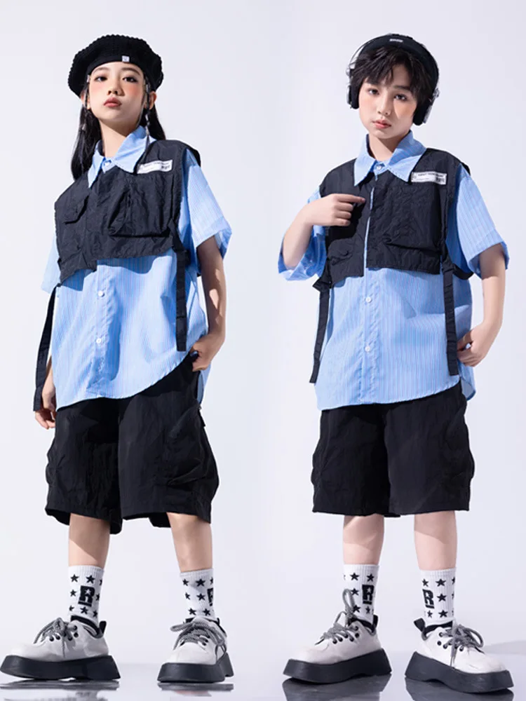 Boys Hip Hop Clothing Two-piece Top Black Short for Girls Kids Jazz Dance Costume Clothes Set