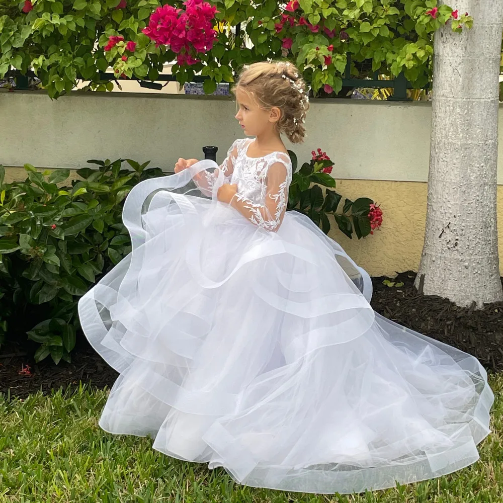 First Communion Flower Girl Dress Lace up Long Sleeves Pageant Ball Go –  Avadress