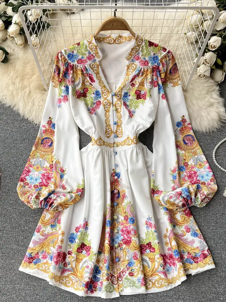 

AELEWELL Spring Women V-Neck Short Dress 2022 Runway Fashion Paisley Print Puff Sleeve Single Breasted Mini Vestidos 1917