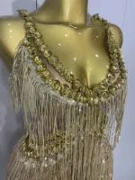 Shiny Gold Rhinestones Sequined Fringe Wide-leg jumpsuit 2025 Women Sexy Night Party Club Outfit Singer Stage Perform Costume - Image 5