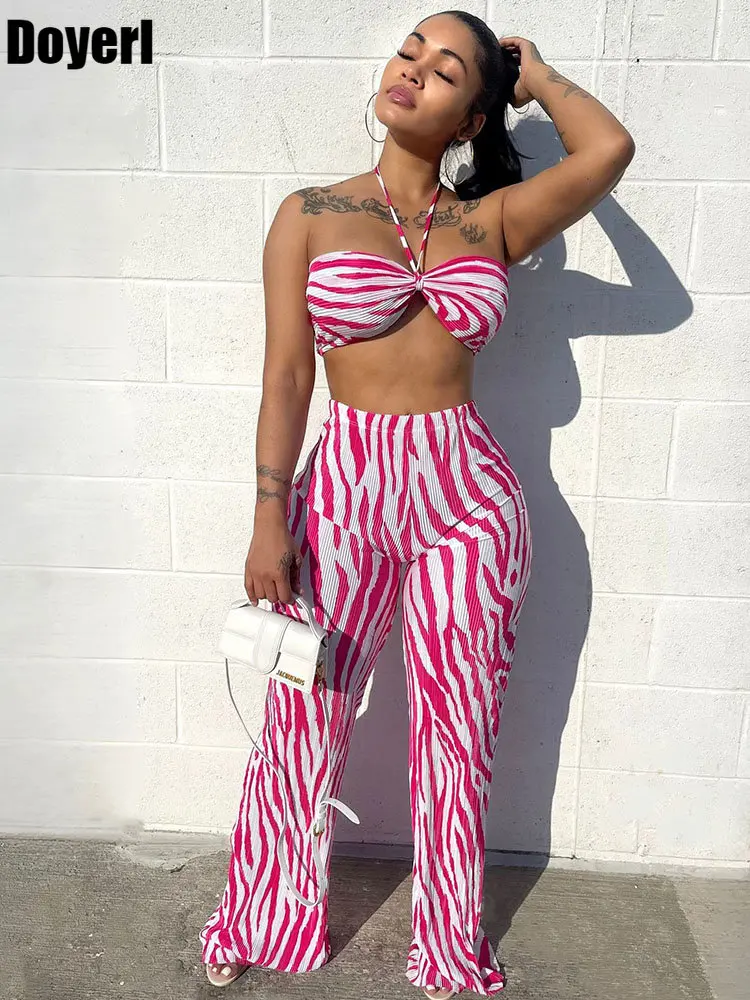 

Zebra Stripes Print Women Two Piece Outfits 2023 Summer Halter Strapless Bra Top and Pants Matching Sets Rave Night Club Outfit