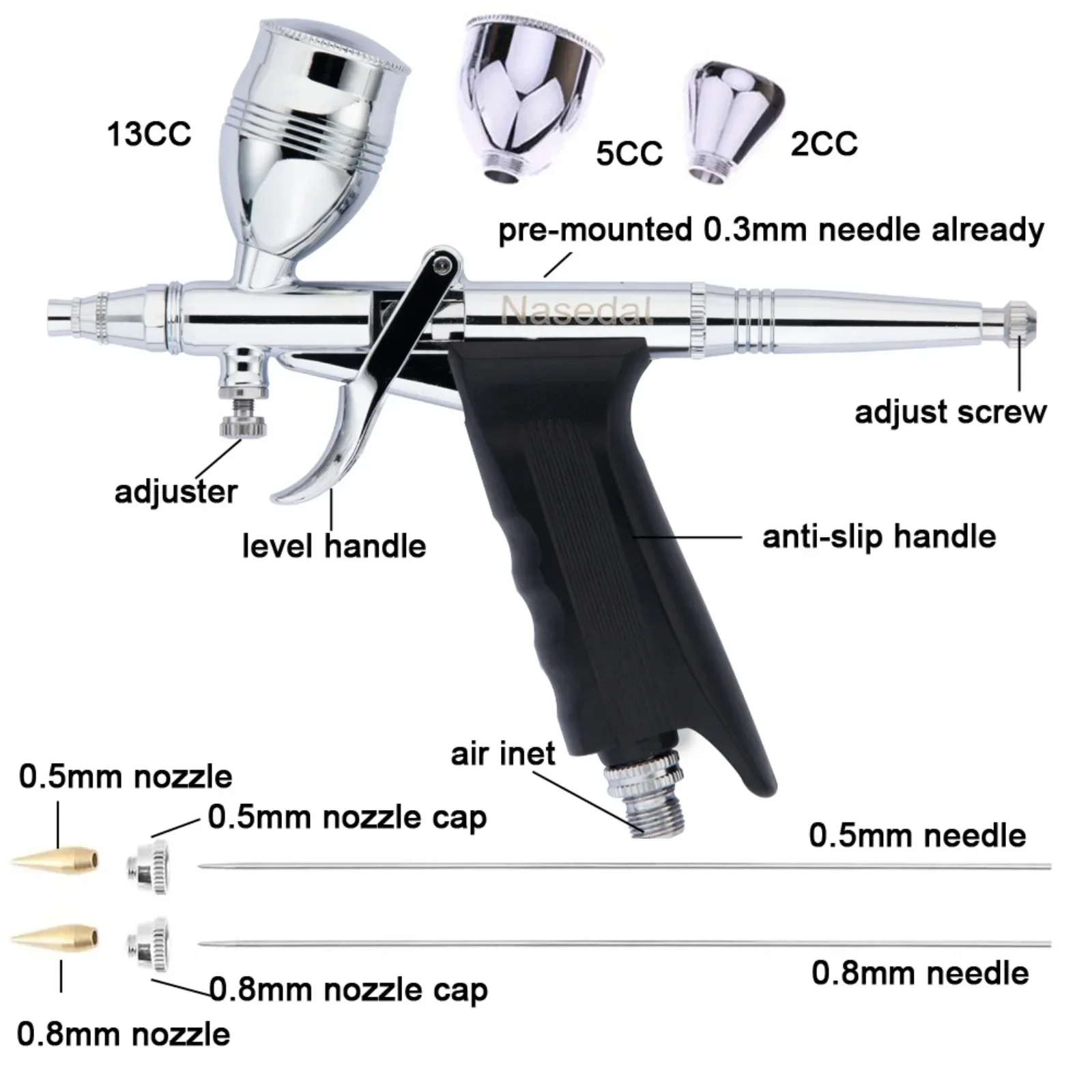 나세달 에어브러시 에어 컴프레서 키트 자동 정지 기능 40psi 0.3mm 0.5mm 0.8mm 에어브러시 스프레이 건 모델 케이크 페인팅 네일 아트 자동차용
