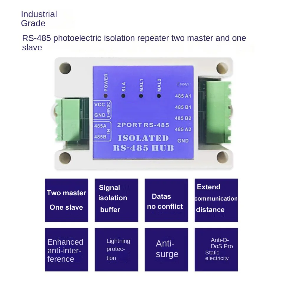 Industrial Grade Two Master One Slave Hub RS485 Repeater Buffer Photoelectric Is