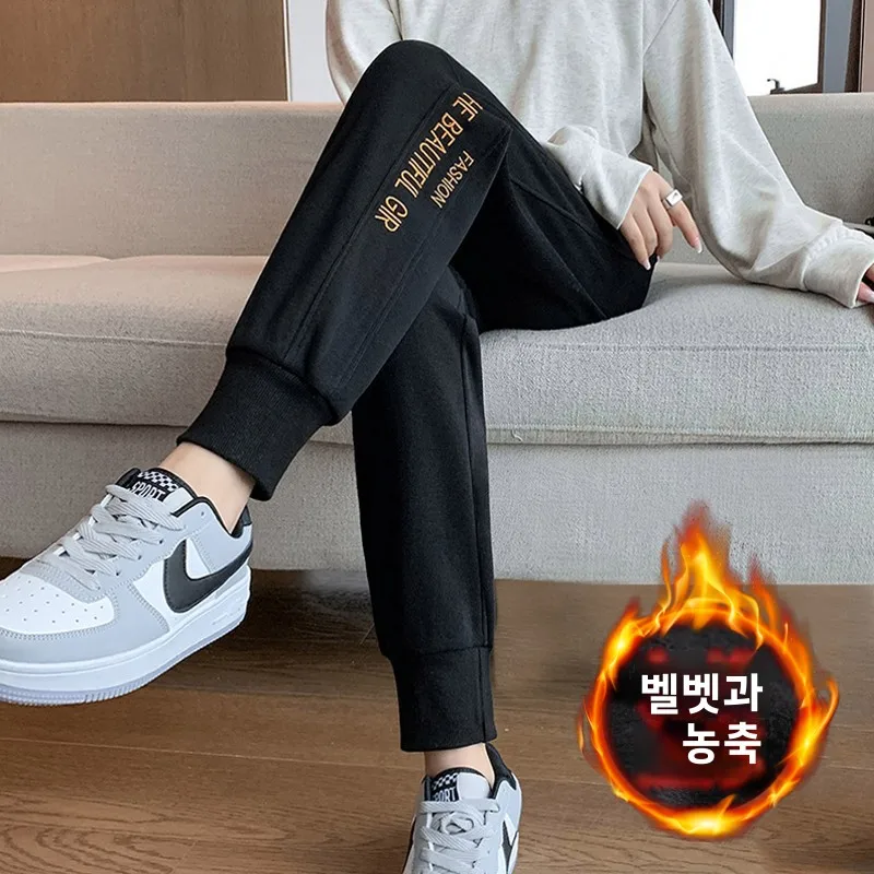 여성용 양털 안감 수 놓은 스포츠 바지 루즈 피트 캐주얼 Harlan 바지 가을 겨울 새로운 스타일 슬리밍 커프 스웨트 팬츠