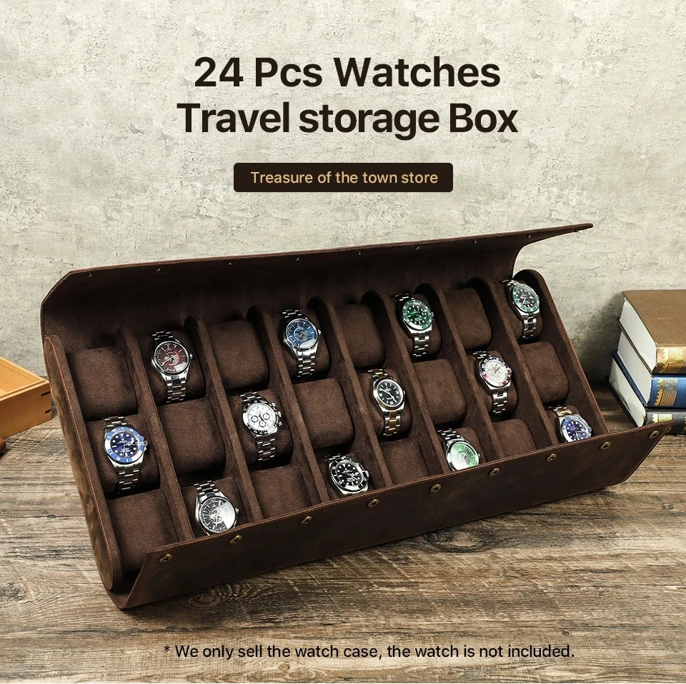 

Luxury 24 Slots Watch Organizer Box Vintage Crazy Horse Leather Portable Travel Large Watch Storage Case Display Holder