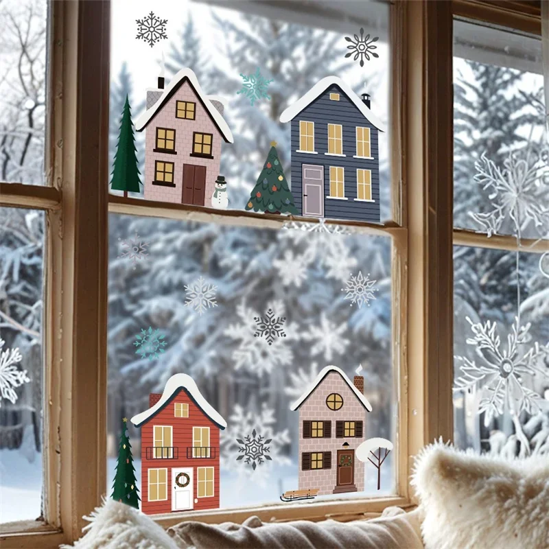 Christmas Houses Window Stickers Removable Self-adhesive Double Sided Snowflakes Xmas Tree Wall Glass Decals Home Decoration