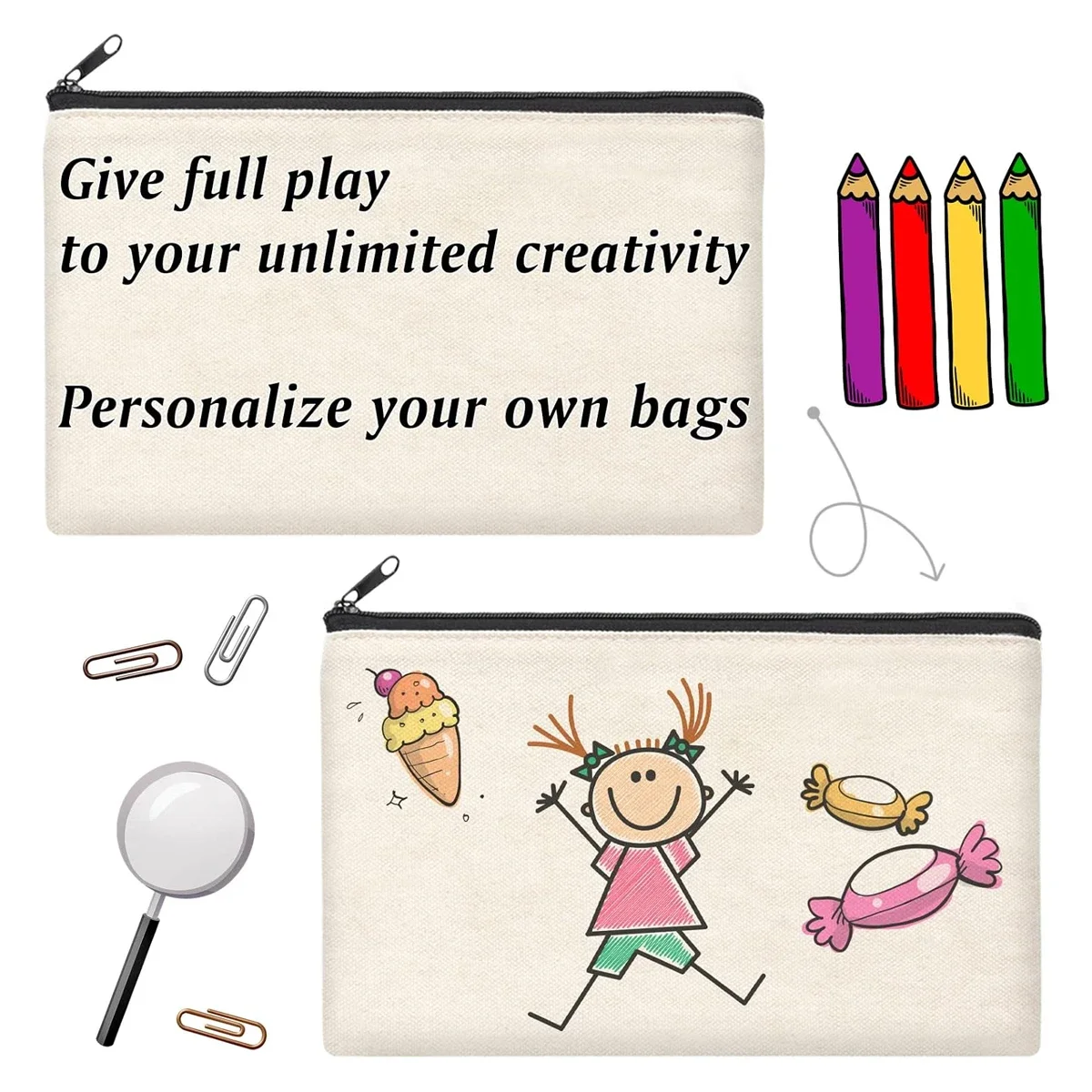 12PCS DIY Blank Canvas Beige Makeup Bag with Zipper - 8.3" x 5" Bulk Cosmetic Pouches for Travel, Storage, and Stationery 5