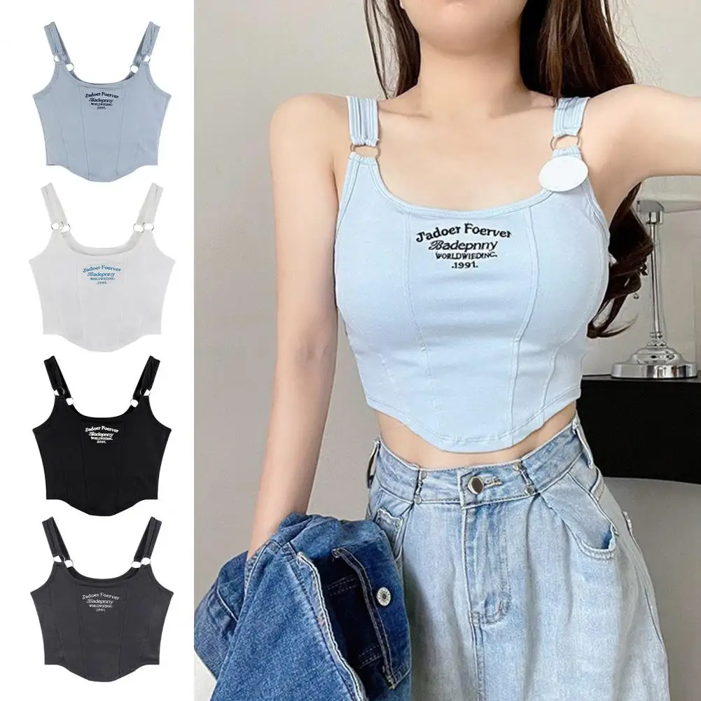 

Metal Circle Camisole Stylish Embroidered Backless Camisole for Women Crop Top for Dating Club Beach Parties Stretchy Solid