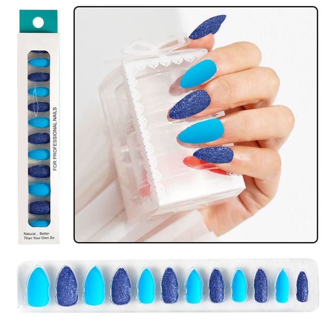 Matte False Nails Nail Art Fake Nails Gel Tips Full Cover Teardrop Shaped Artificial Press Nails Glitter Powder Fake Nails