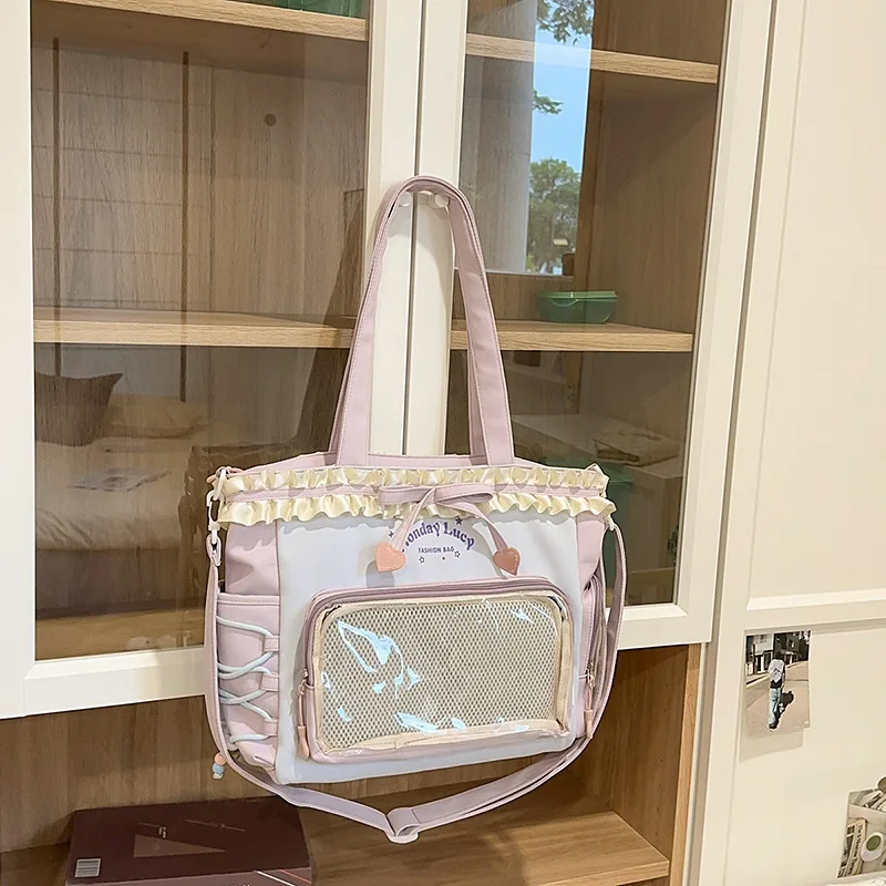New Y2k Sweet Shoulder Bag Lolita Girl Transparent Tote Bag Women Large Capacity Lace Bow Crossbody Bag Cute DIY Display Handbag