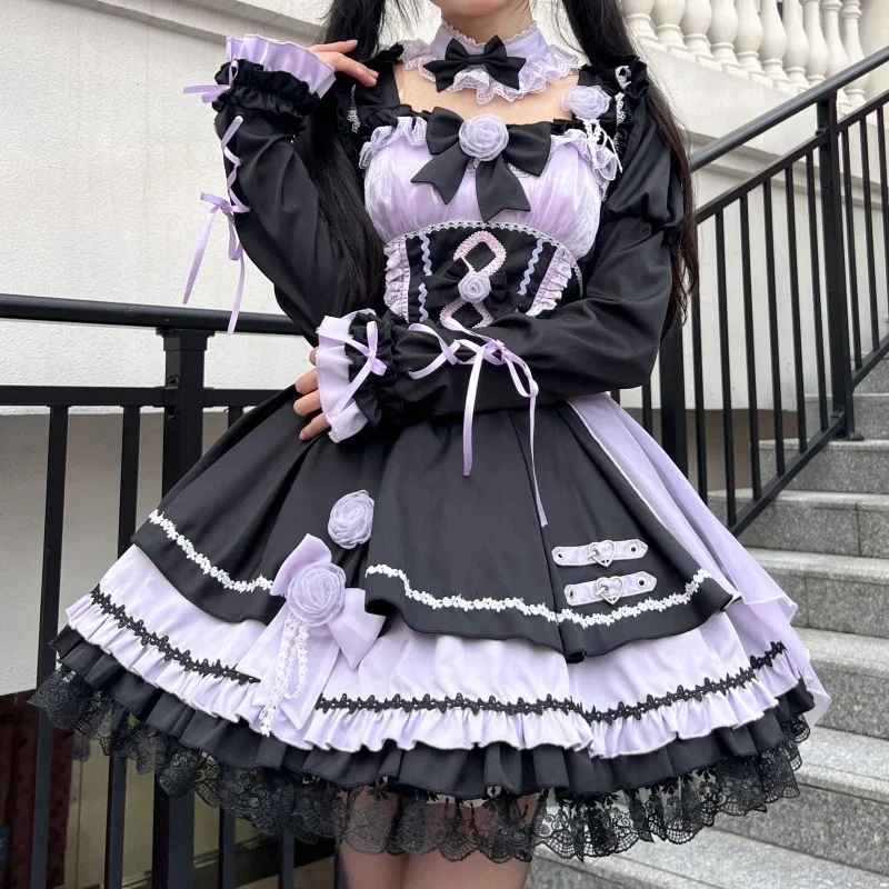 Black and Red Lolita Dress Women's Sweet Gothic High Waist Bow Lace  Stitching Short Dress Set Lady Suspender Dresses Vestidos - AliExpress  200000345
