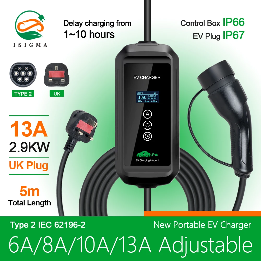 

Isigma UK 3Pins EV Charger Plug 8A 10A 13A Adjustable Type 2 Type 1 EV Charger 5m For Electric Vehicles Charging 200V 250V