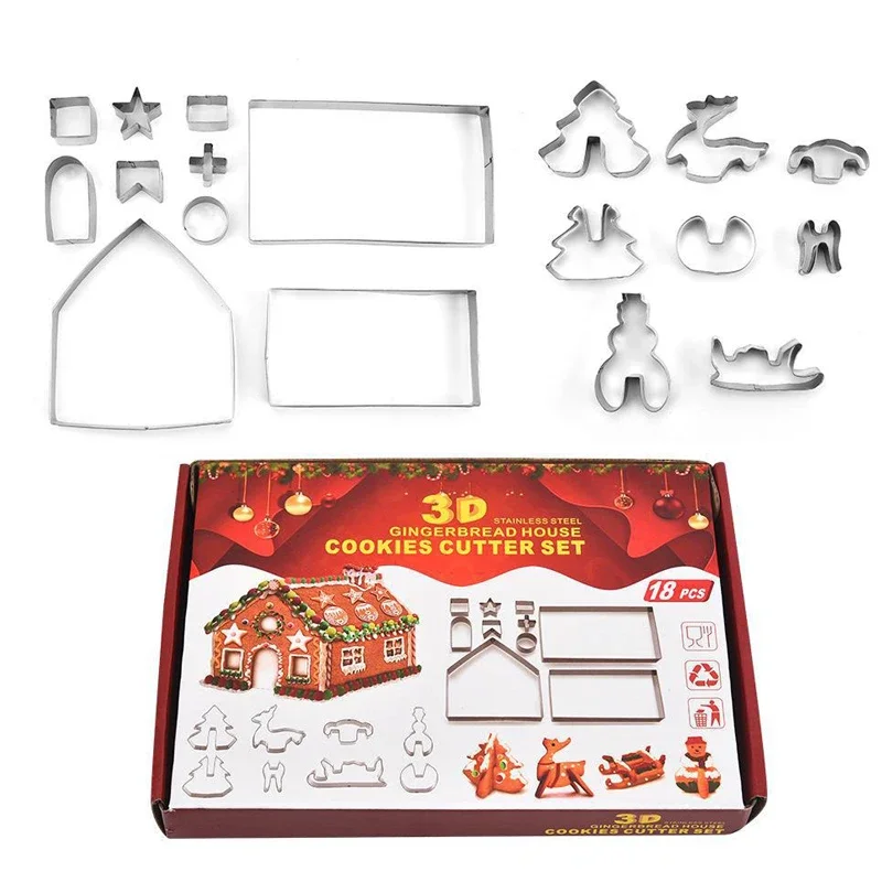 Christmas Gingerbread House Cookie Cutter Set 3D Stainless Steel Cookie Biscuit Mold Mould Fondant Baking Tool Party Decoration