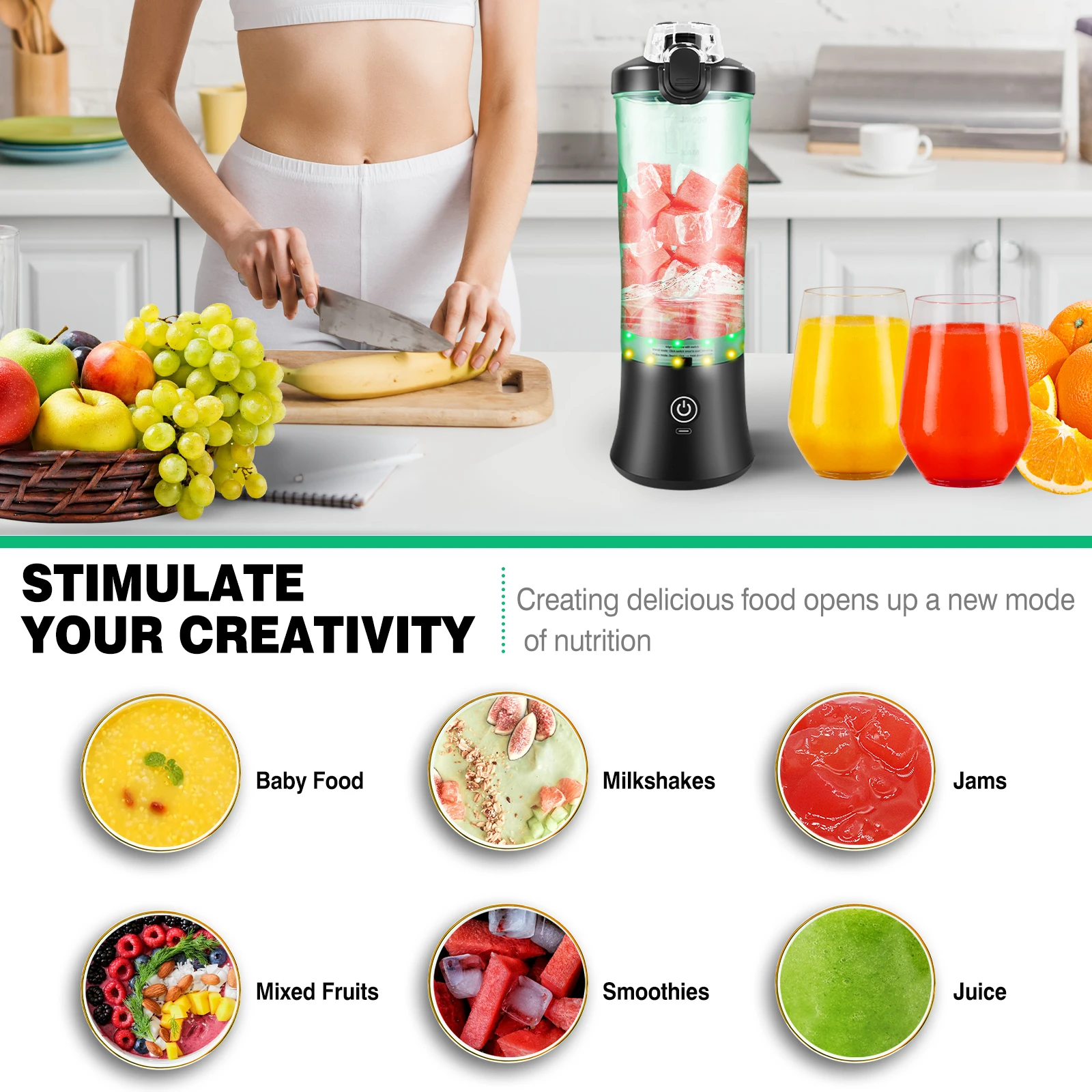 Professional 2 In 1 Portable Blender 600ML Electric Juicer Fruit Mixers USB Rechargeable Smoothie Mini Blender Personal Juicer 6