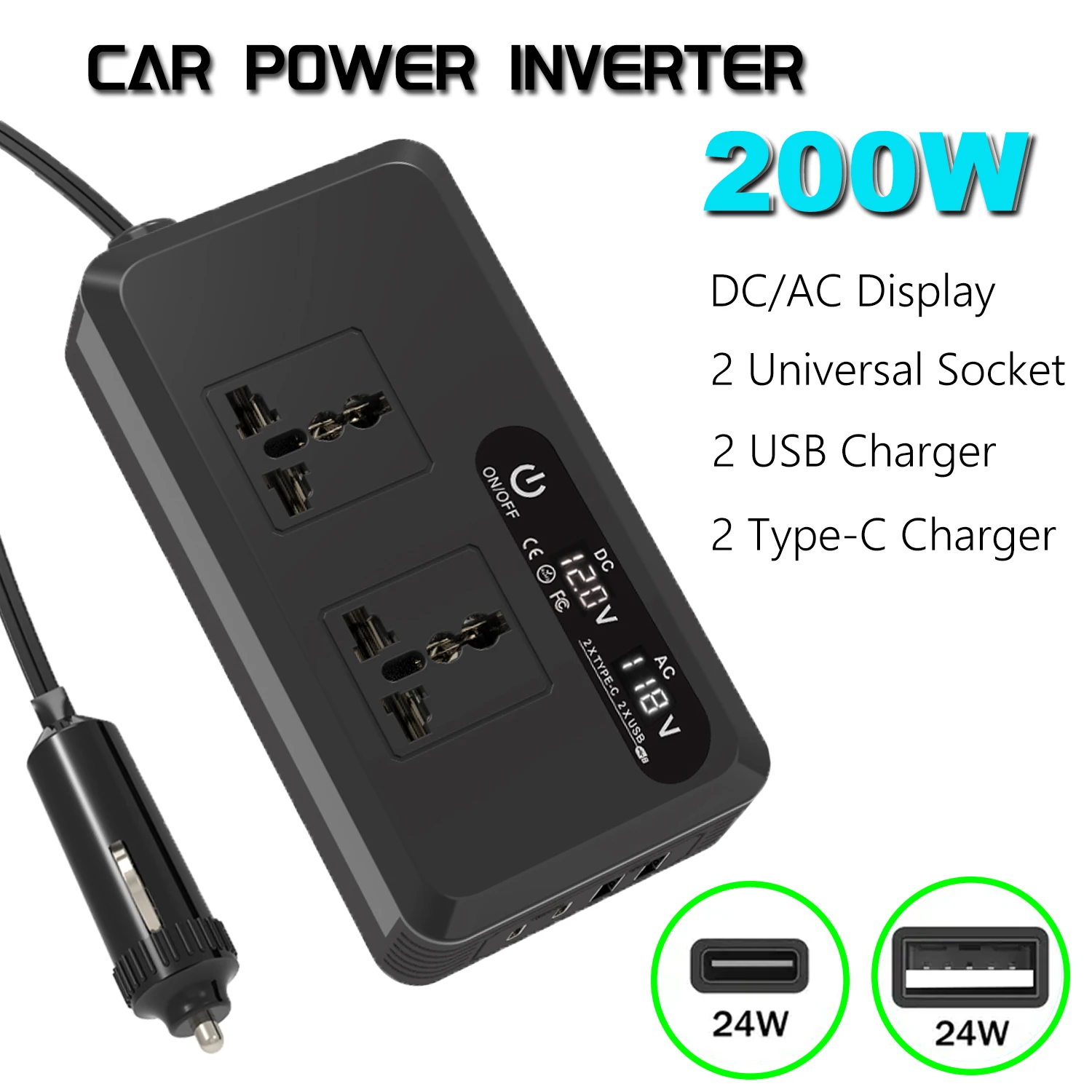 DC 12V에서 AC 110V/220V 200W 자동차 인버터 PD+QC3.0 듀얼 타..