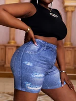 Plus-size women's skinny shorts imitation denim print women's fashion casual high stretch summer sports pants - Image 3