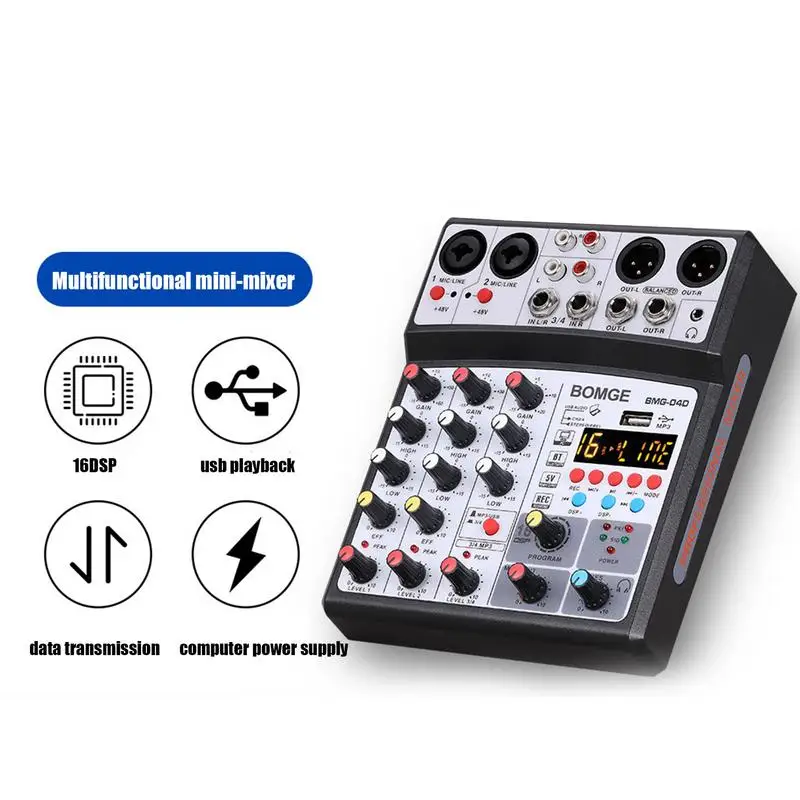 

Dj Mixer Wireless 4 Channels Audio Mixer Portable 48V Phantom Power 16 DSP Echo Effects Mixing Console USB Interface Sound Card