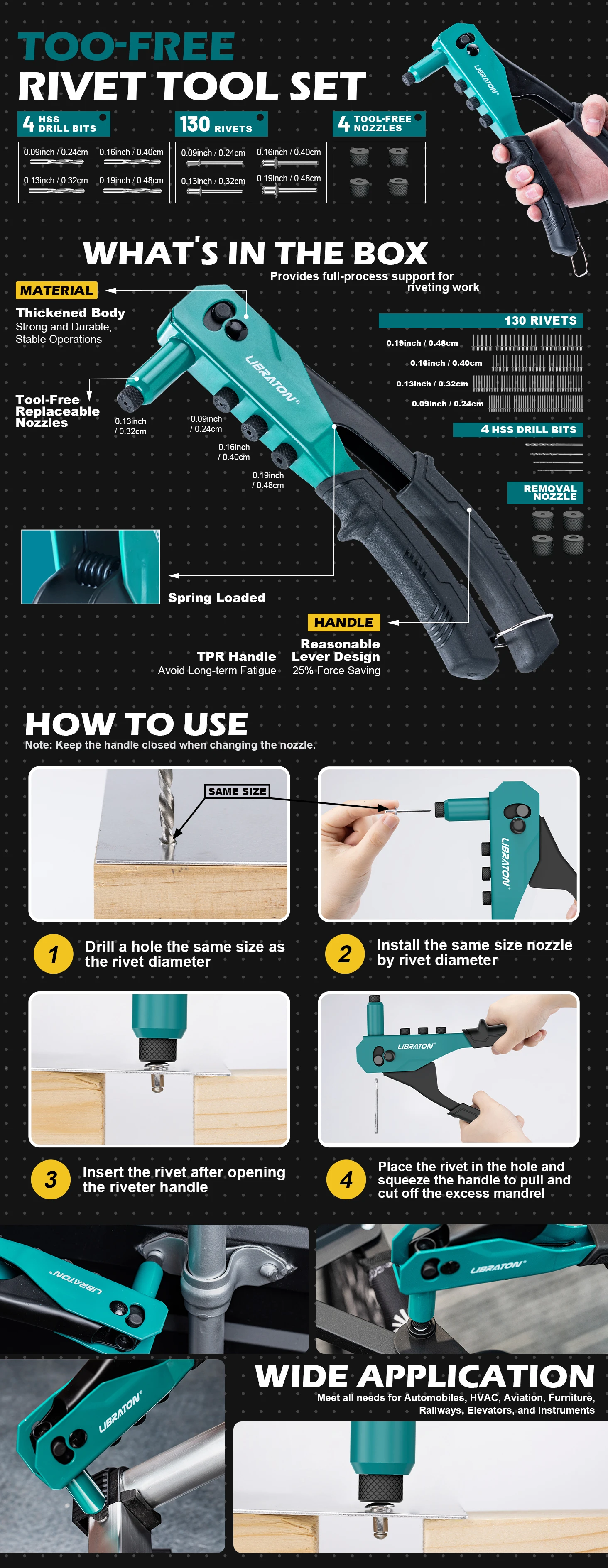 Libraton Rivet Gun Kit with 130 Blind Rivets, 4 HSS Drill Bits, 4 Tool-free Riveter Heads Heavy Duty Rivet Tool Hand Riveter
