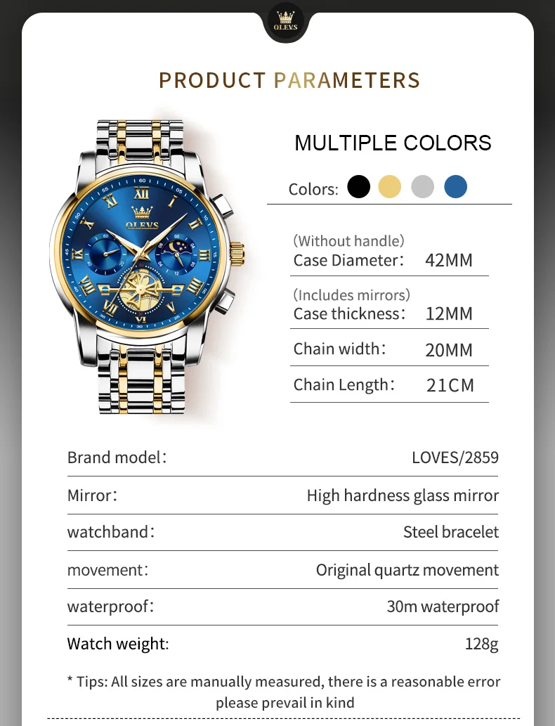 OLEVS 2859 Man Watch Roman Scale Quartz Watch For Men Moon Phase Luxury Original Waterproof Stainless Steel Business Wristwatch