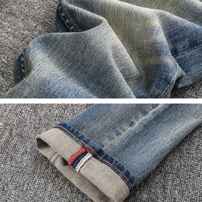 Italian Style Fashion Men Jeans Retro Blue Elastic Slim Fit Ripped Jeans Men Casual Stretch Trousers Vintage Denim Pants Hombre