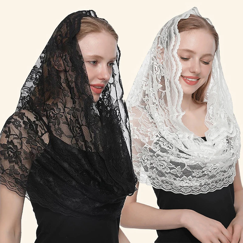 1pcs Women Elegant Lace Flower Scarf Round Veil Embroidered Floral Scarves Church Shawl With Fringes Muslim Head Wraps necklace pendant scarf muslim veil chiffon ethnic style scarf shawl garment accessories neck ornament woman