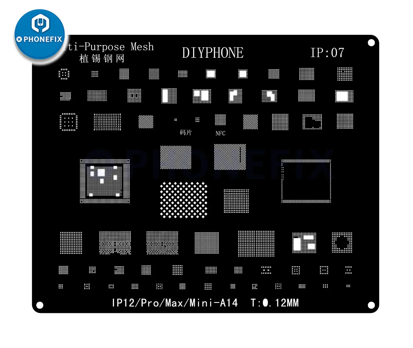 DIYPHONE BGA 리볼링 스텐실 키트, 아이폰 16, 15, 14, 13, 11, 12 프로 맥스, X, XR, 8P, 8, 7P, 6, 블랙 스틸, CPU IC 칩, 주석 납땜 네트