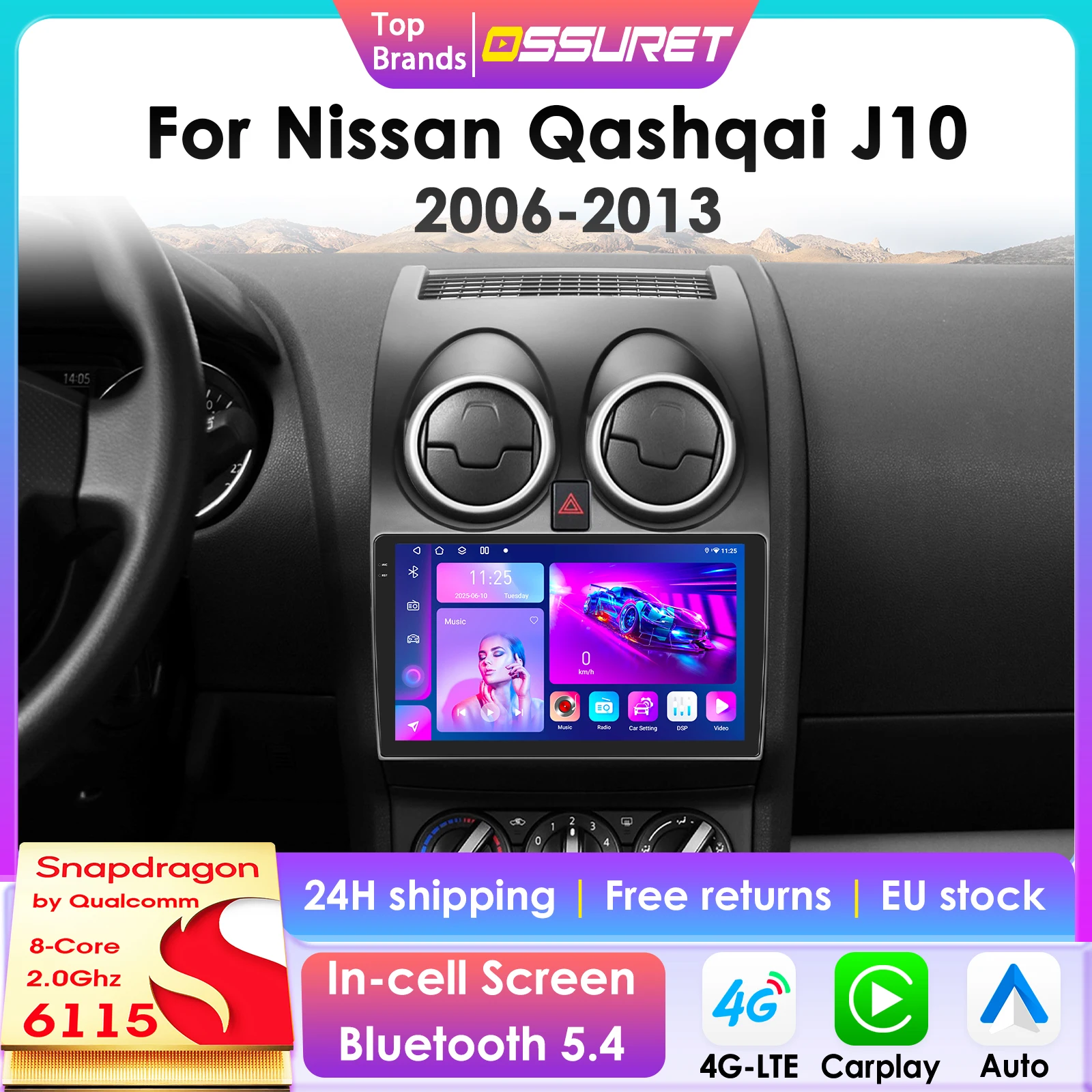 2 din Carplay Android Auto Radio pour Nissan Qashqai J10 voiture multimédia GPS lecteur 4G AutoRadio Snapdragon 6115
