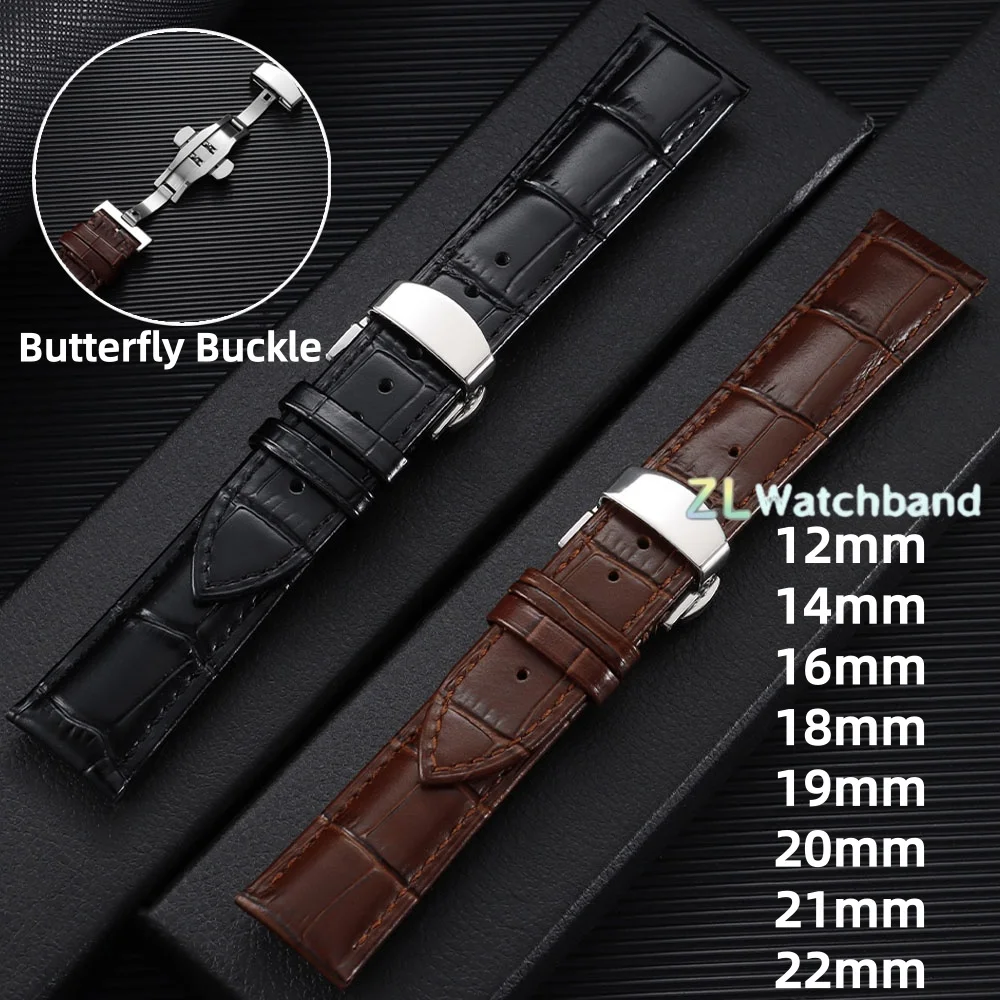 Elegant Leather Watchband with Butterfly Buckle - Universal Strap for Business & Casual Wear