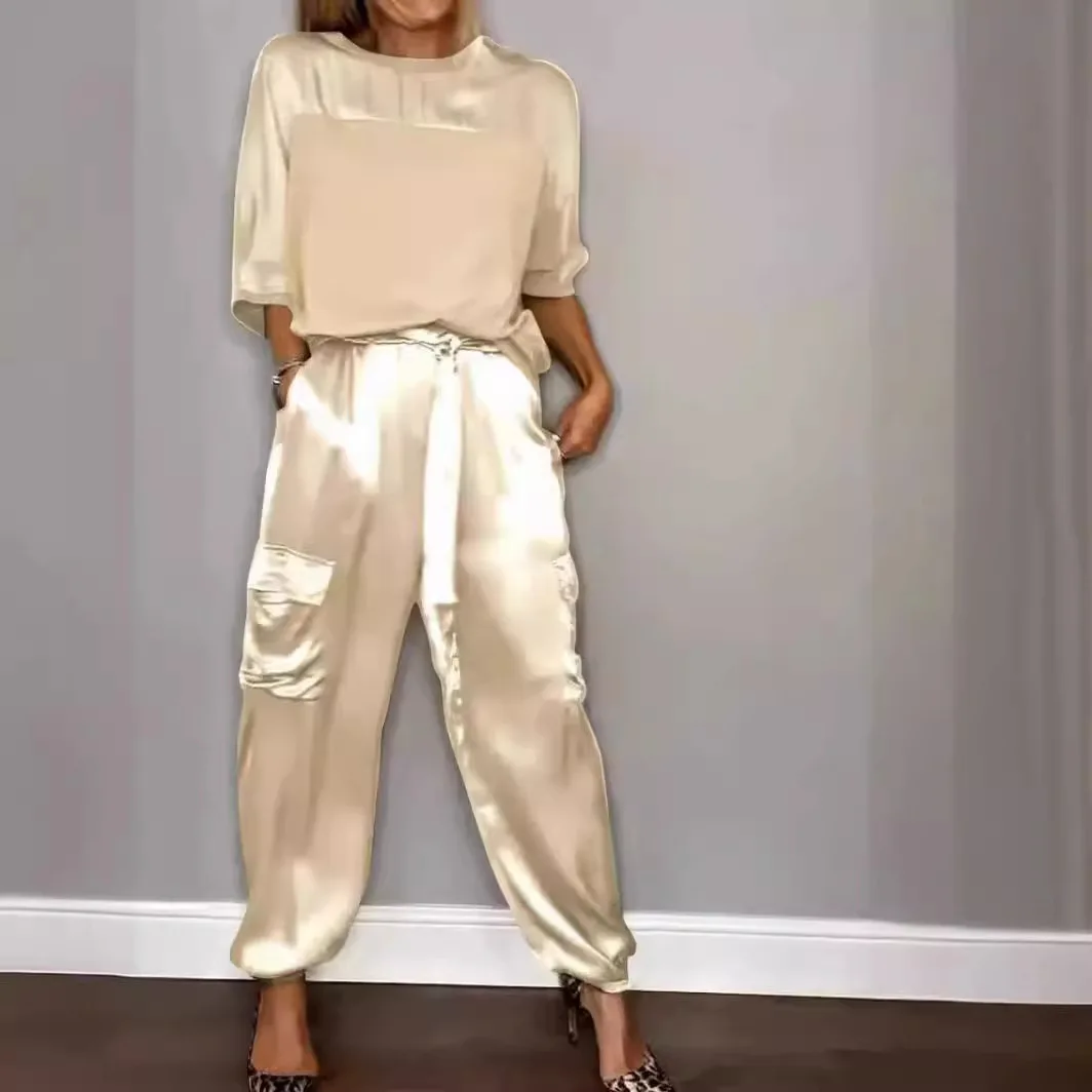 Women Casual Satin Ribbon Pullover Shirt Tops Harem Pant Suits