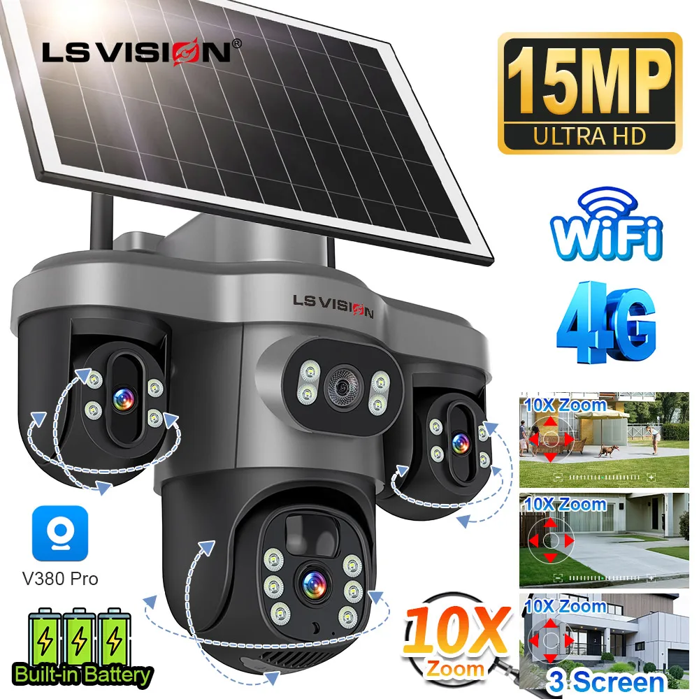 4G V380 15MP ソーラー防犯カメラ LS VISION 15MP Three PTZ Lens Three Screen 4G Solar Camera Outdoor